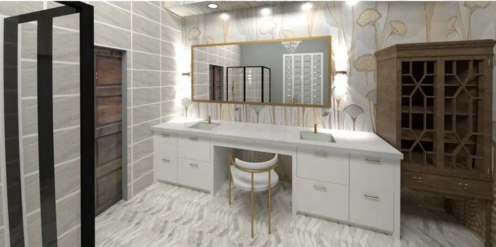 Luxury bathroom design rendering with double vanity, patterned wallpaper, and unique cabinetry.