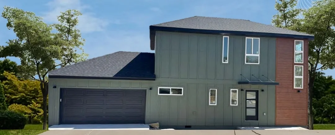 Modern green home with dark garage door and wood accent.