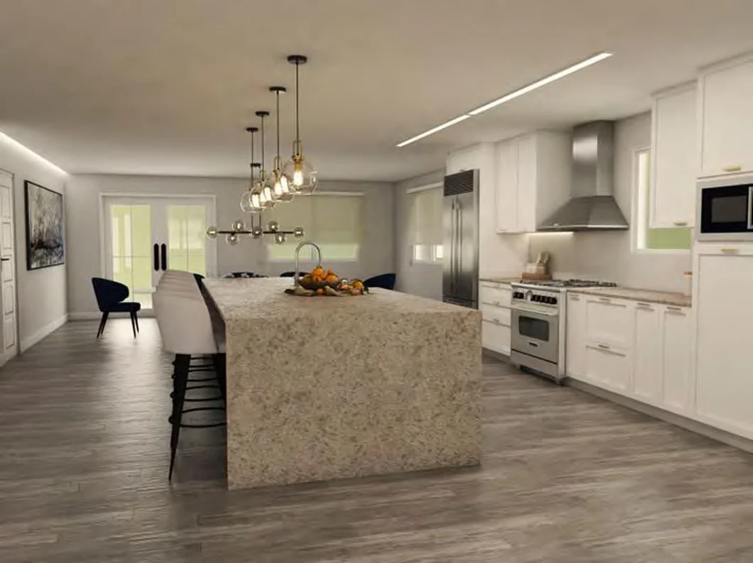 Modern kitchen design with large island, white cabinetry, and wood flooring.